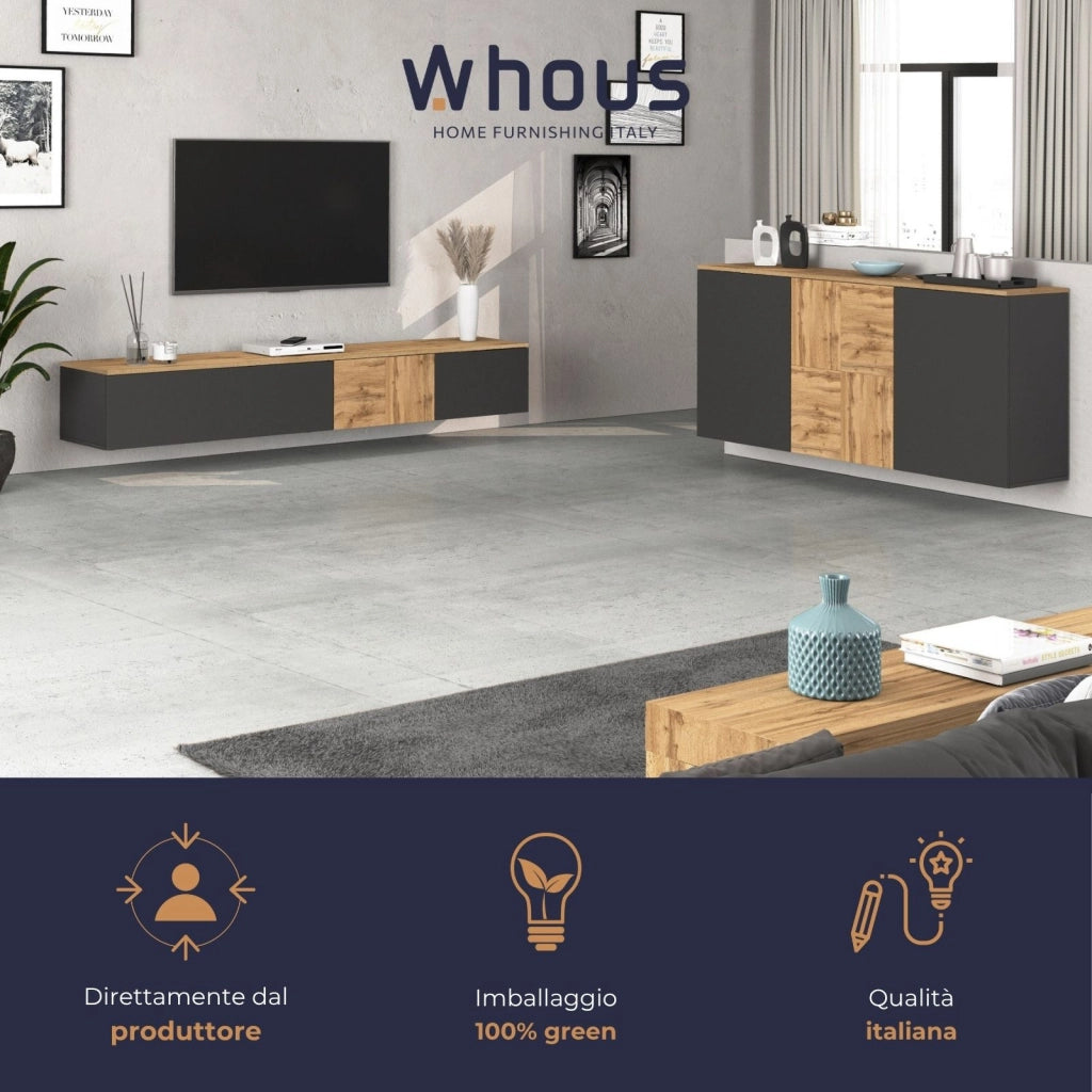 WHOUS Mobile porta TV sospeso Iseo con 2 ante e 1 ribalta antracite opaco e rovere 200x35x30 cm