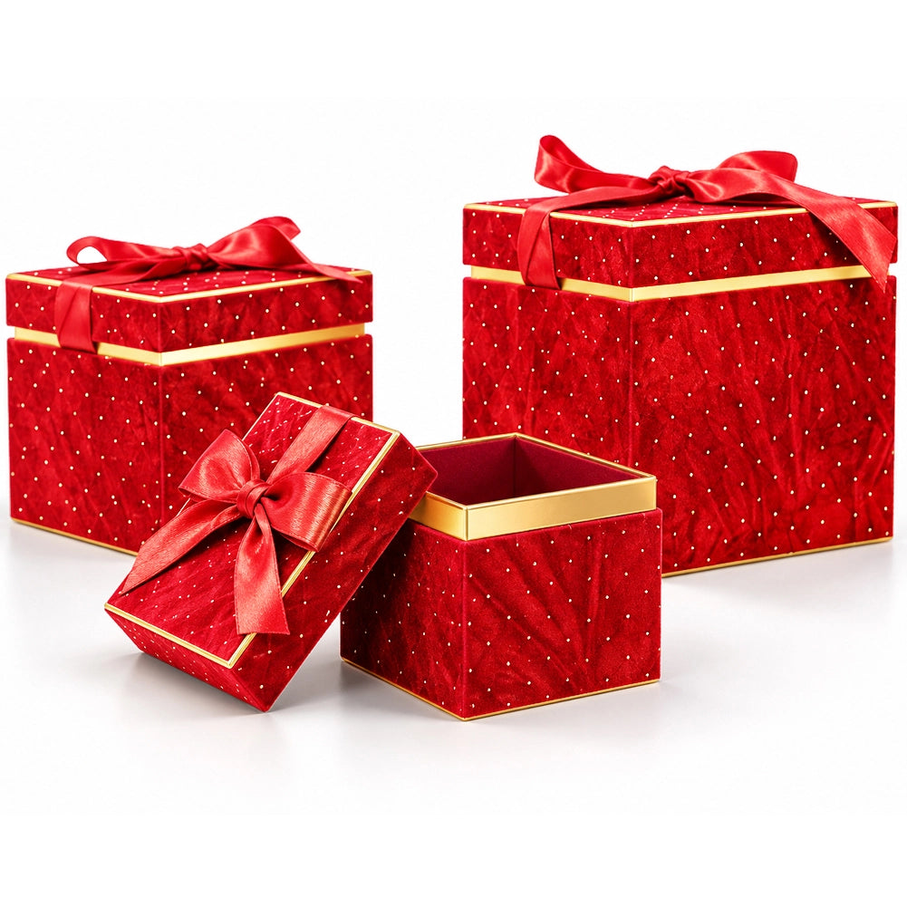 Set 3 Scatole Quadrate Decorazione Natalizia Rosso 16/20/25cm Scatola con Fiocco