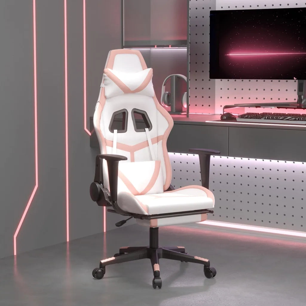 Sedia da Gaming | Sedia da e-sports con Poggiapiedi Bianco e Rosa in Similpelle