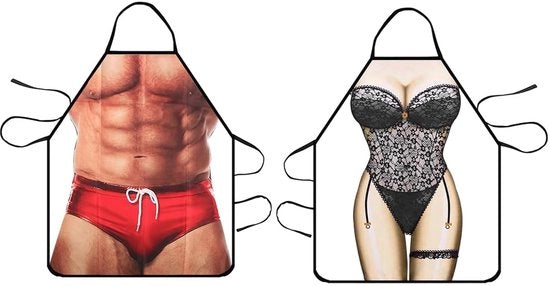 Due pezzi di grembiule da cucina divertente, grembiule sexy personalizzato da 3D, manichino, bikini da festa per donne e uomini, misura unica, 80 x 60 cm, multicolore.