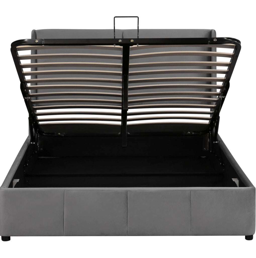 Letto imbottito con contenitore idraulico e rete a doghe 140x200 cm, velluto grigio