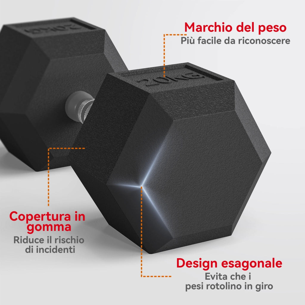 Manubrio Esagonale 20kg ¨C Minimal ¨C Acciaio e Gomma Nero