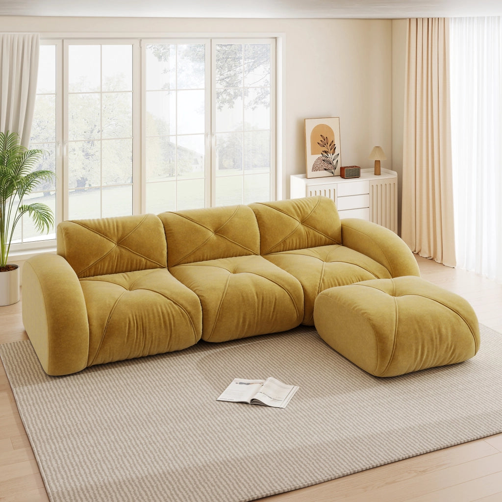 Divano modulare a L con pouf - in chenille con schiuma 32D e base antiscivolo - giallo