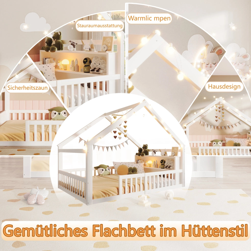 OKWISH Letto Bambini 140×190 cm, Letto Singolo con Sponde, LED e Mensole, senza Materasso, in Pino e MDF, Bianco