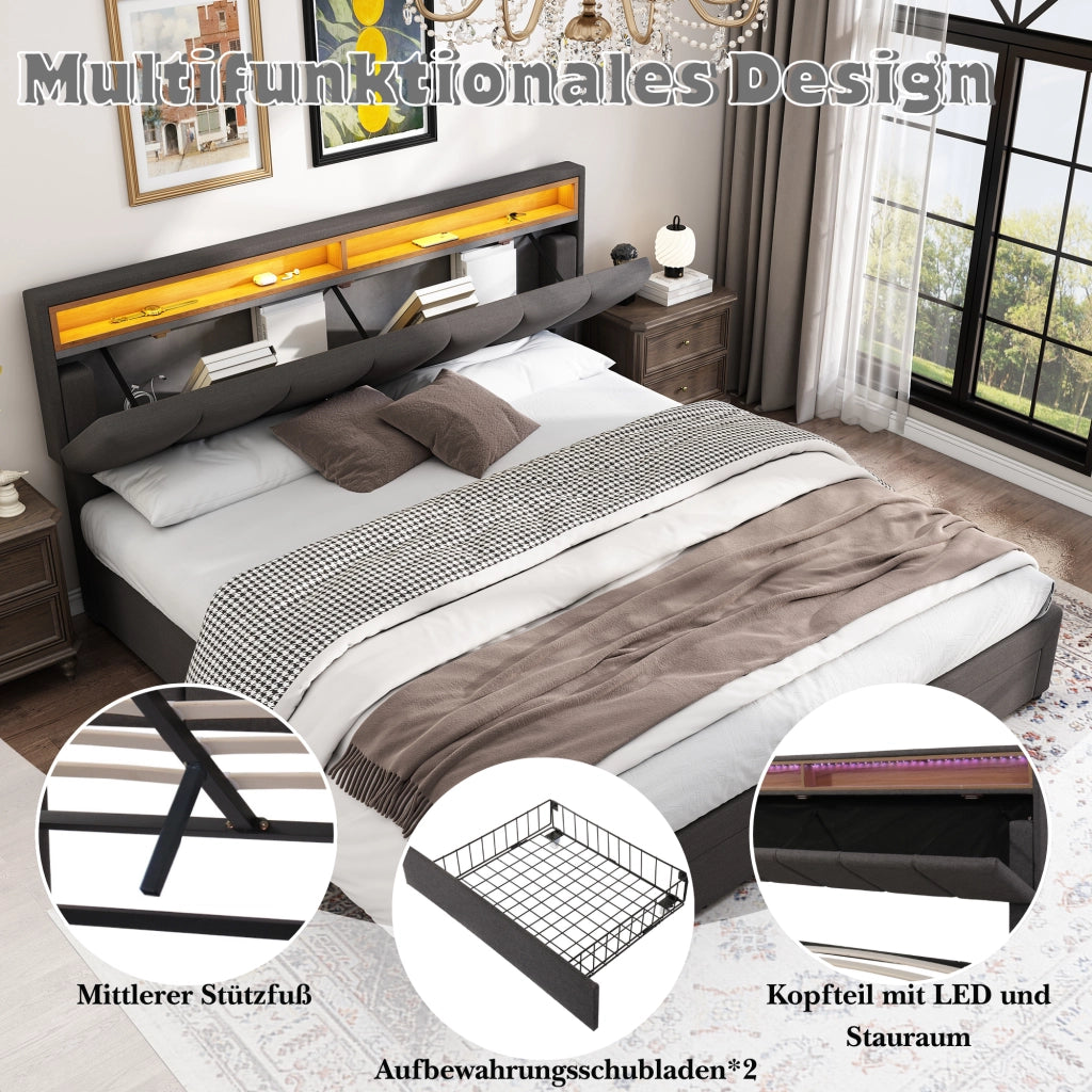 Letto contenitore 160×200 cm; letto matrimoniale con LED; spazio sotto il letto; senza materasso; in acciaio; grigio scuro