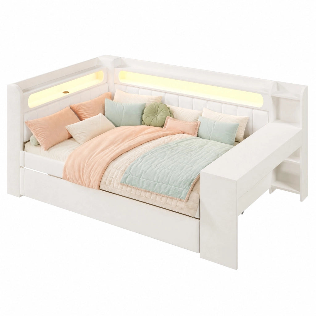 Letto imbottito 140x200 cm con LED, USB, letto estraibile e scrittoio