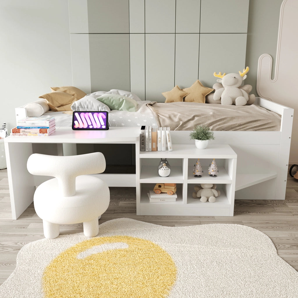 Letto singolo multifunzione 90x200 cm con scrivania; vani contenitore e prese USB; bianco