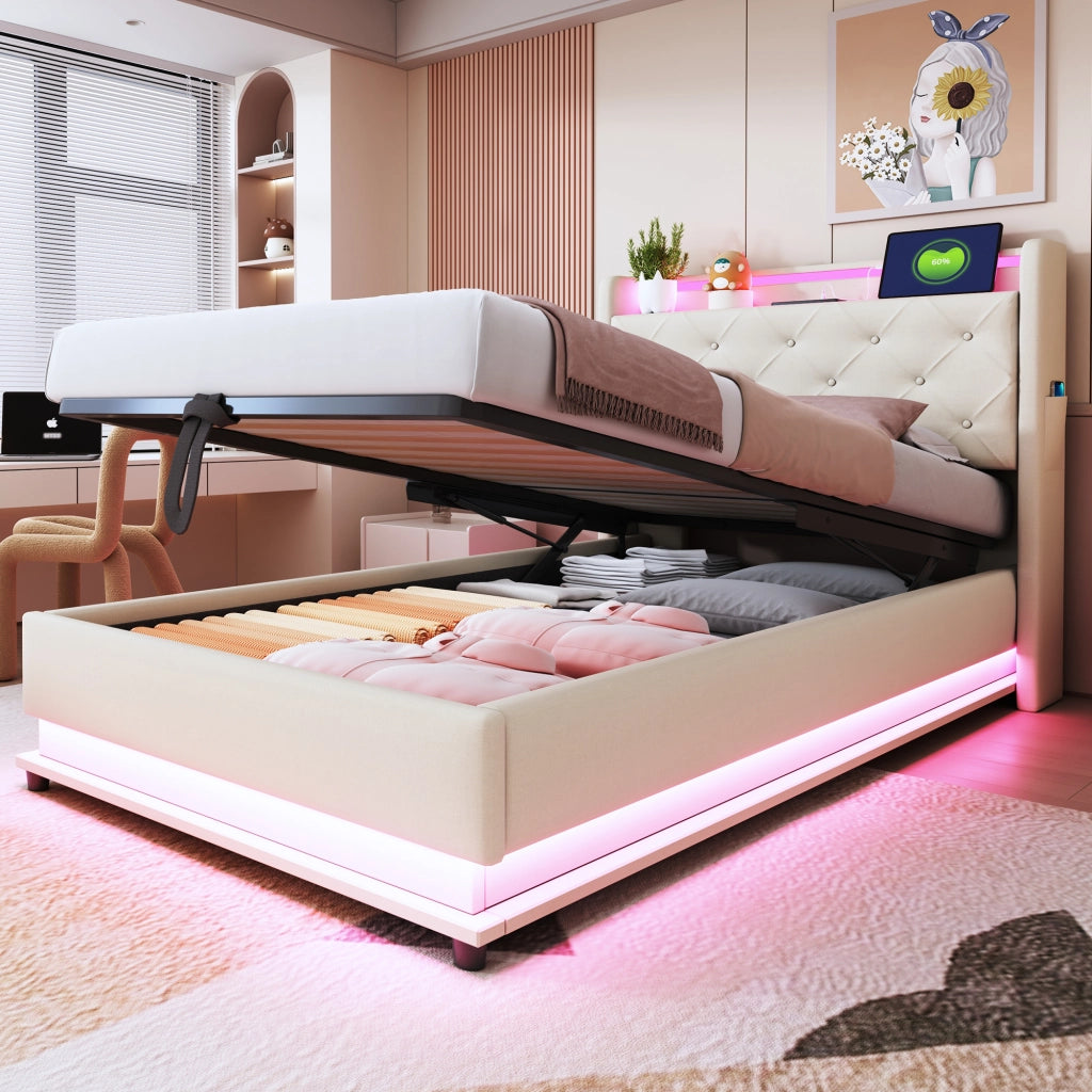 LETTO Imbottito 90x200 cm Beige con LED, USB e contenitore idraulico