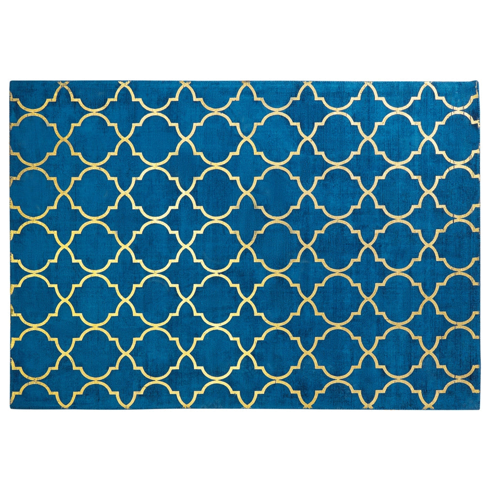 Tappeto Blu con dorato Motivo Quadrifoglio Viscosa con Cotone 160 x 230 cm Stile Modern Glam