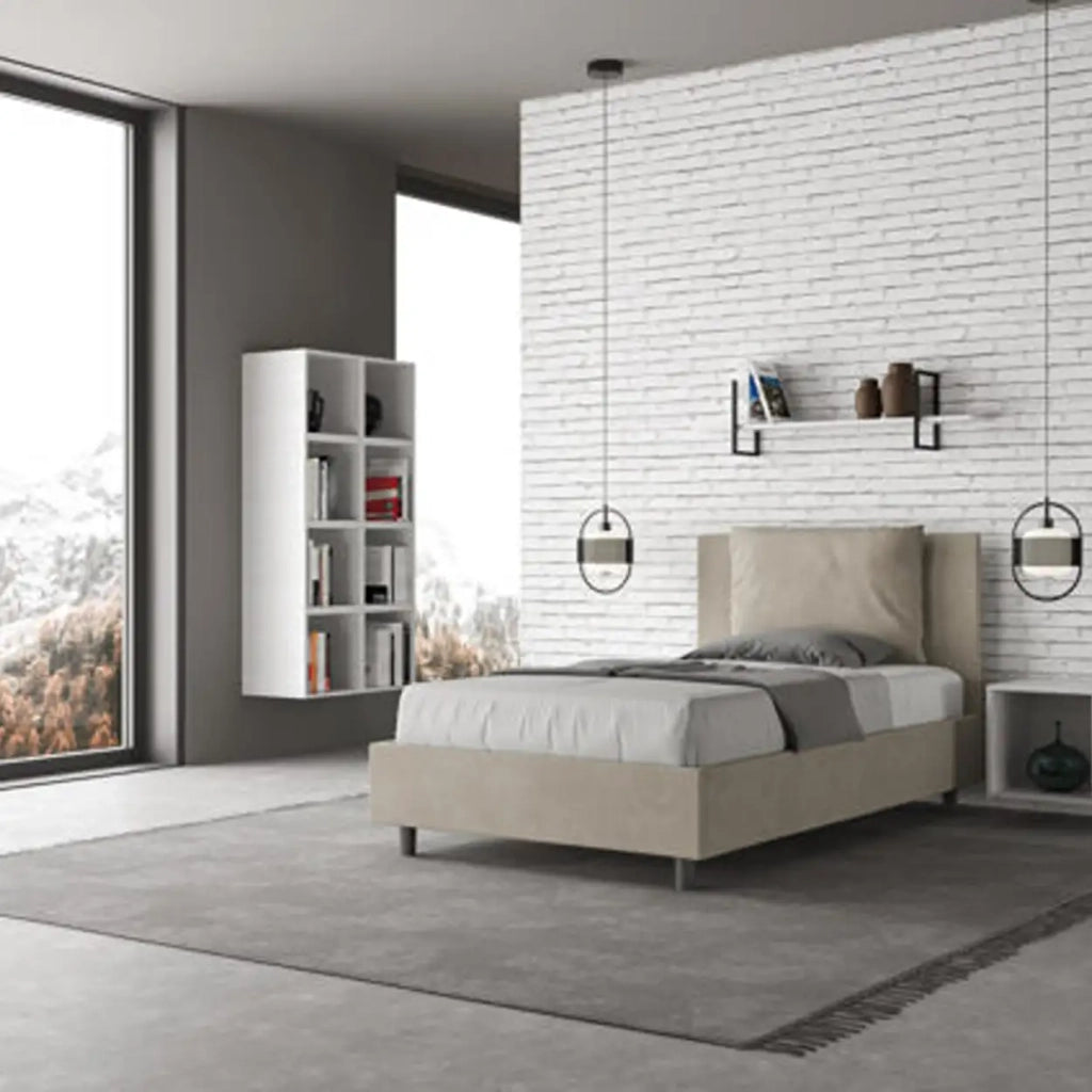 Letto una piazza e mezza contenitore imbottito 120x210 microfibra sabbia Antea