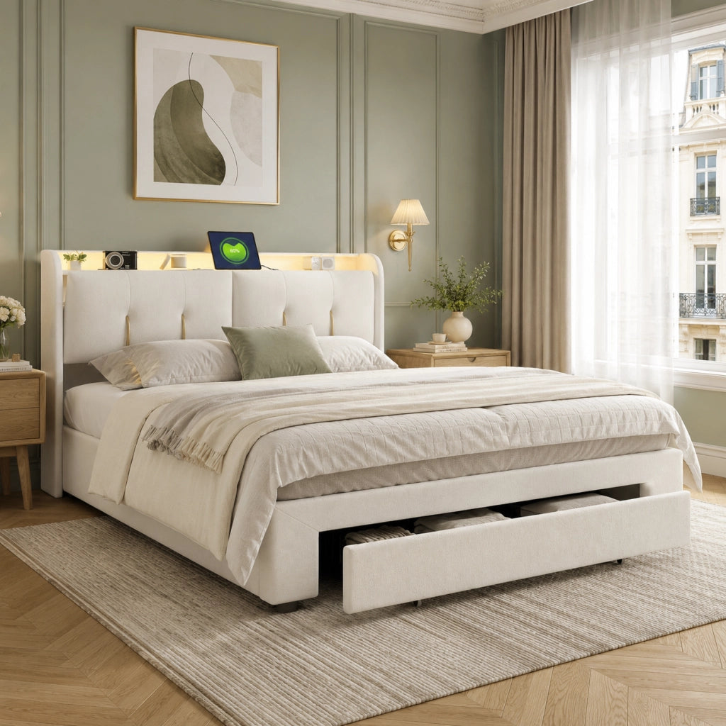 Letto Matrimoniale 140x200 Imbottito in Velluto Bianco, Letto Contenitore con Testiera a Scomparti, LED RGB, USB-C, Cassetto Sottoletto Salvaspazio, Rete a Doghe