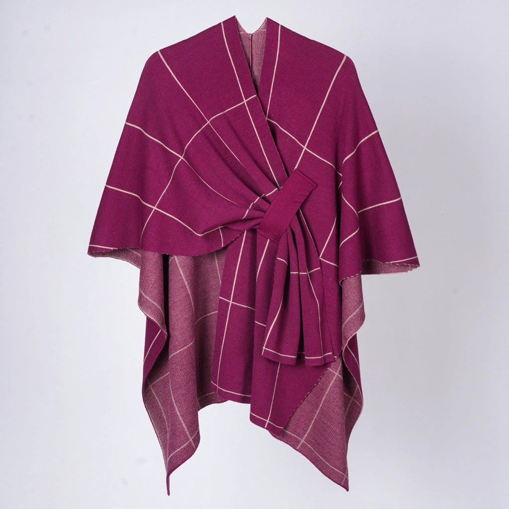 Nuovo cappotto-scialle a quadri lavorato a maglia da donna, caldo cardigan con nappine