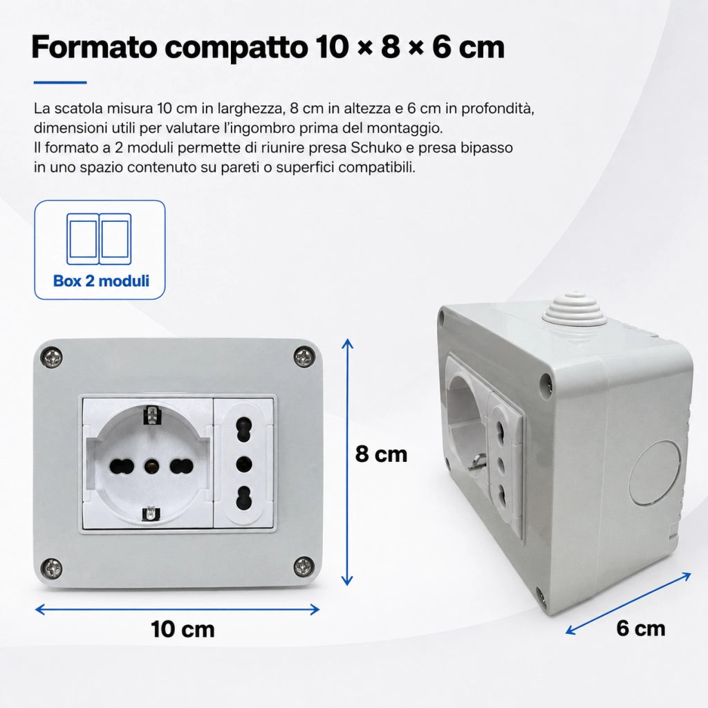 Cassetta Elettrica IP40 con Presa Schuko e Bipasso 10/16A