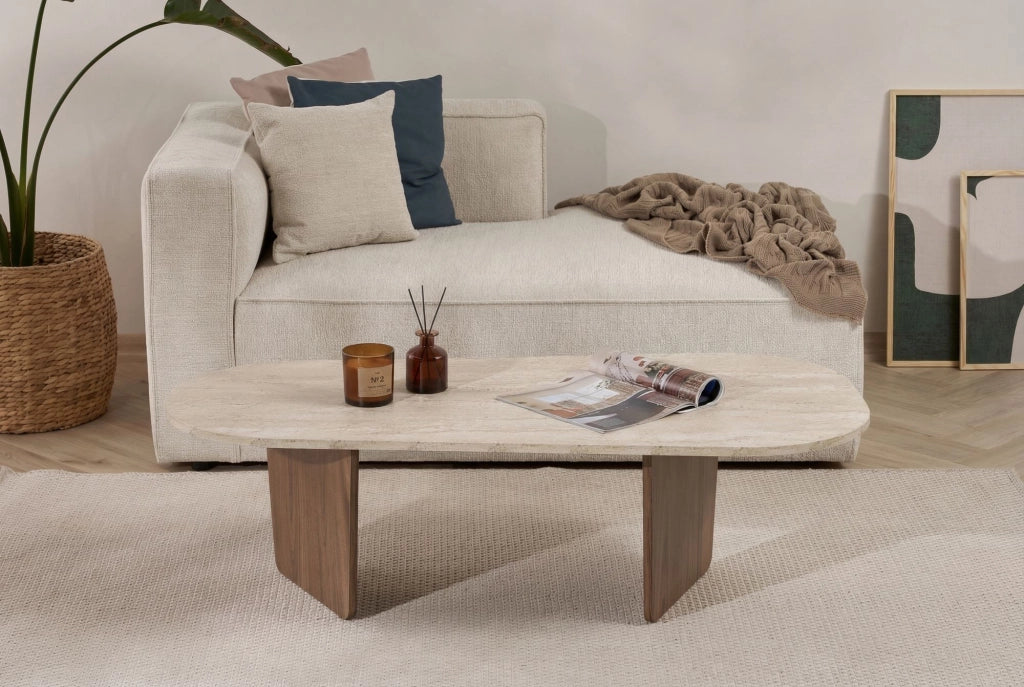 Tavolino in legno "Ovalis" - 130 x 65 x 40 cm - Travertino / Noce