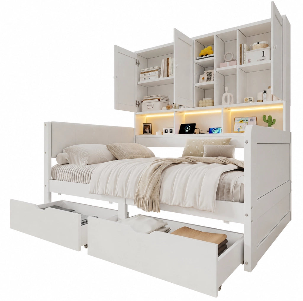 Letto 90x200 con contenitore, LED, USB e testiera imbottita