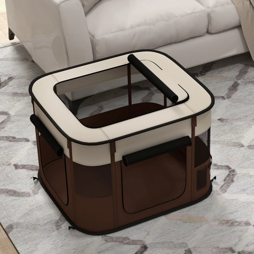 Box per Animali 74x60x45 cm con 6 Finestre 3 Porte e 2 Borse Portaoggetti in Poliestere e Acciaio Marrone