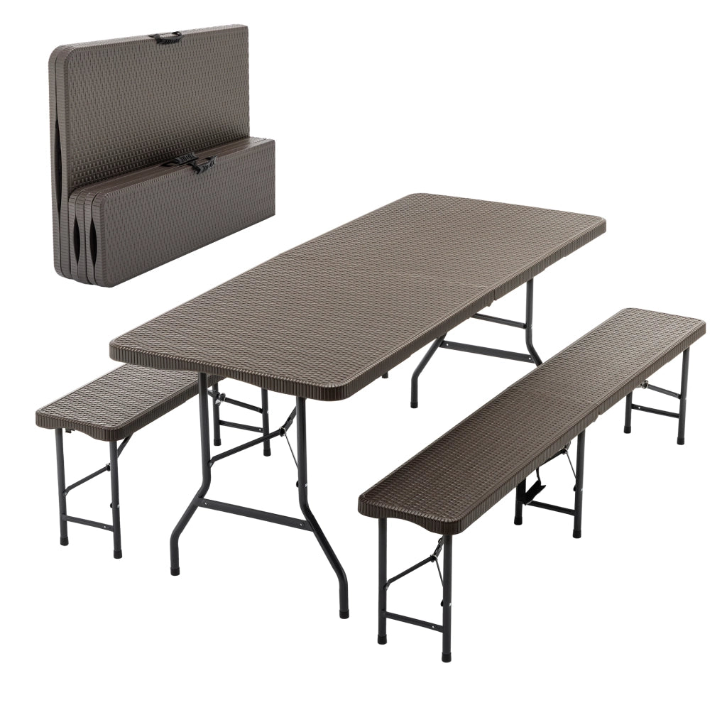 Set tavolo da picnic pieghevole 3 pezzi con 2 panche; 183 cm; HDPE marrone