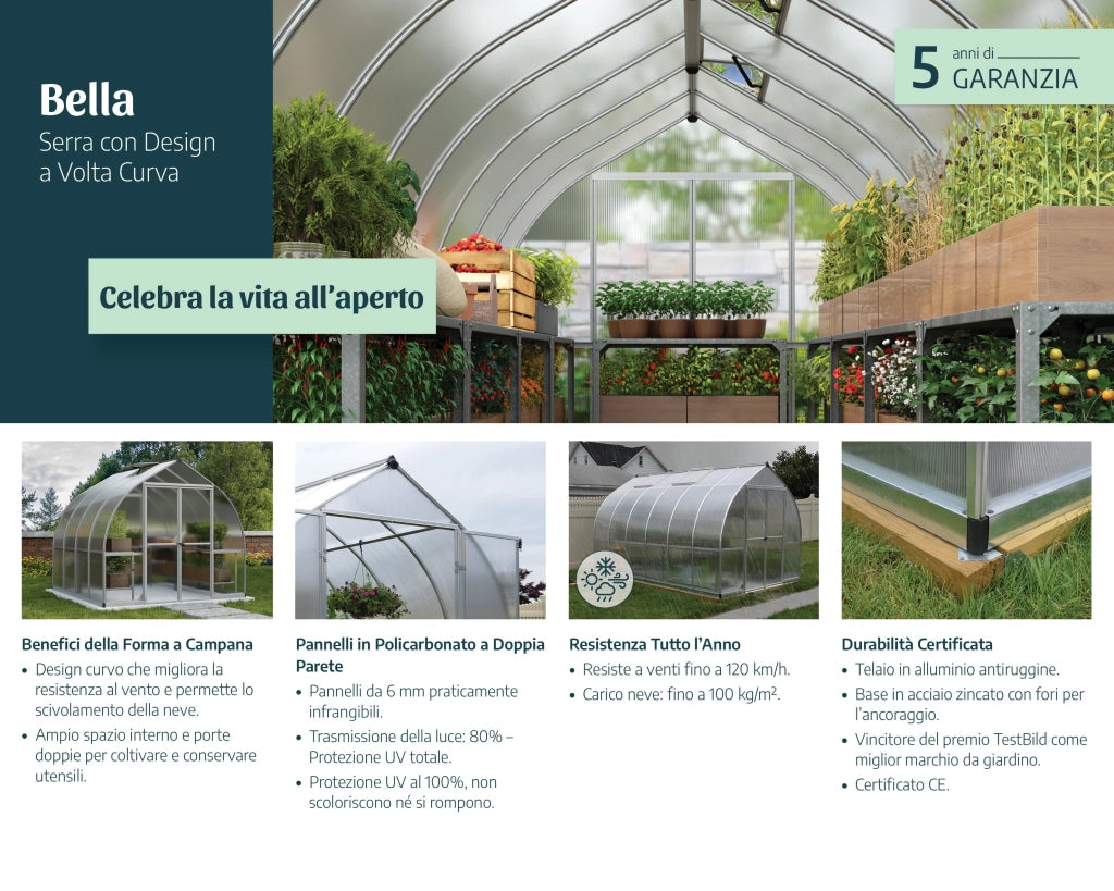 Canopia Bella Doppio Strato Serra Da Giardino in Policarbonato 844X244X219 cm Argento