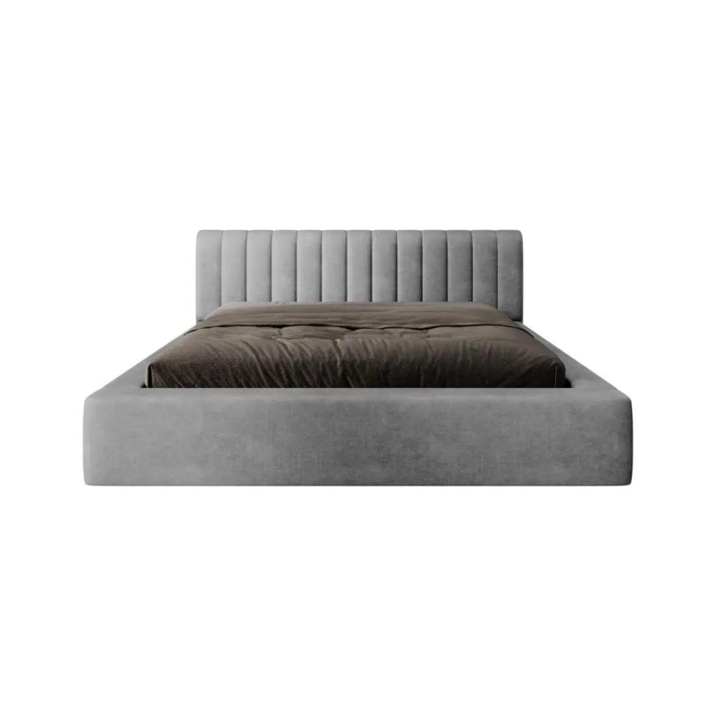 Letto contenitore CERVIN – Velluto morbido Nacre di cemento – 160x200 cm – Rete sollevabile – Design contemporaneo