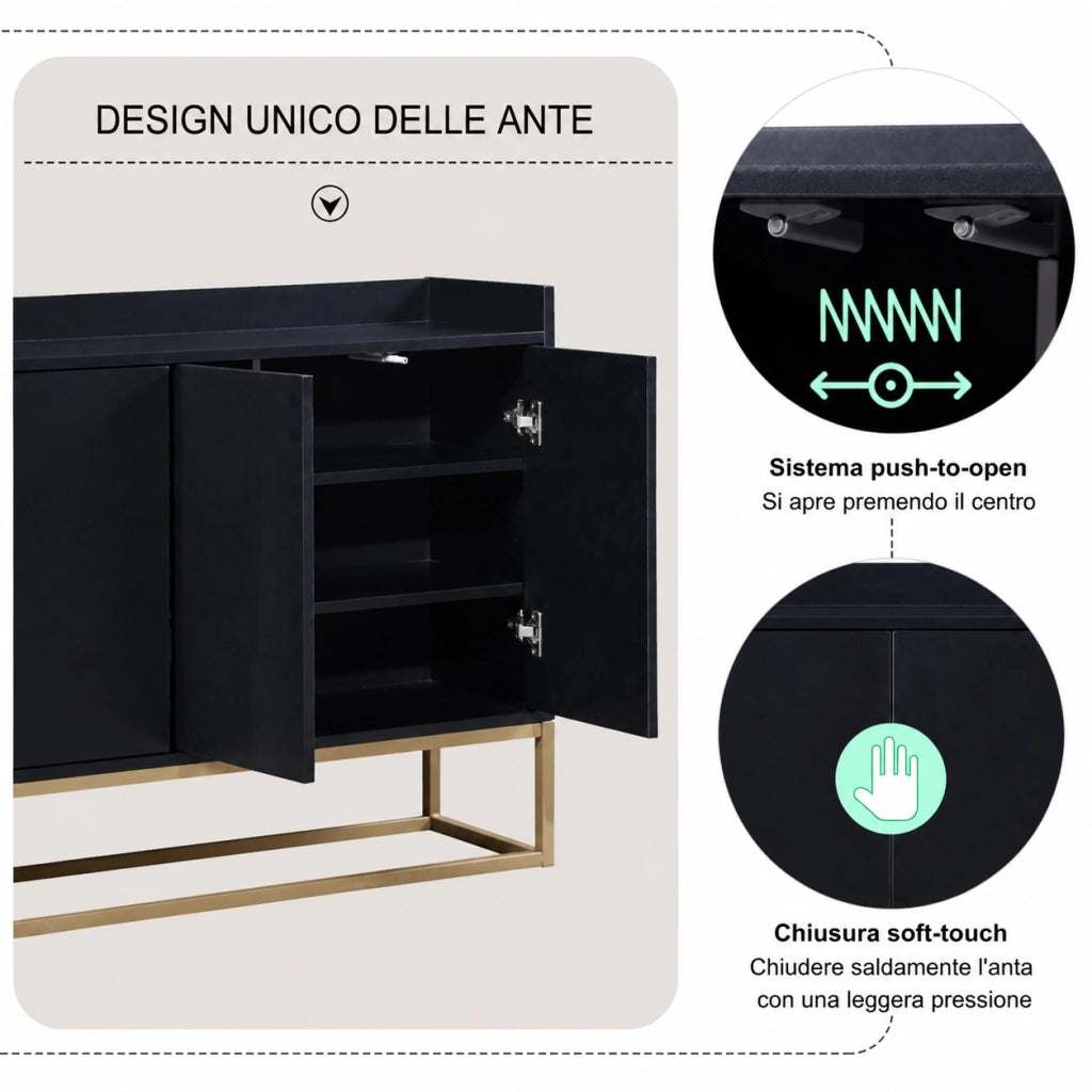 Credenza buffet 120cm nera, mobile soggiorno in pannello di particelle con base metallo oro, 4 ante push‑to‑open, ripiani regolabili, mobile da ingresso sala da pranzo