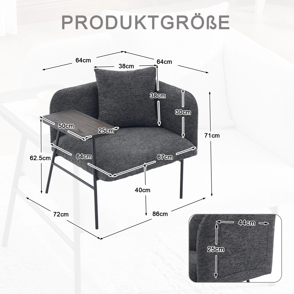 Poltrona con tavolino laterale e tasche portaoggetti, seduta ergonomica in ciniglia per salotto, grigio scuro