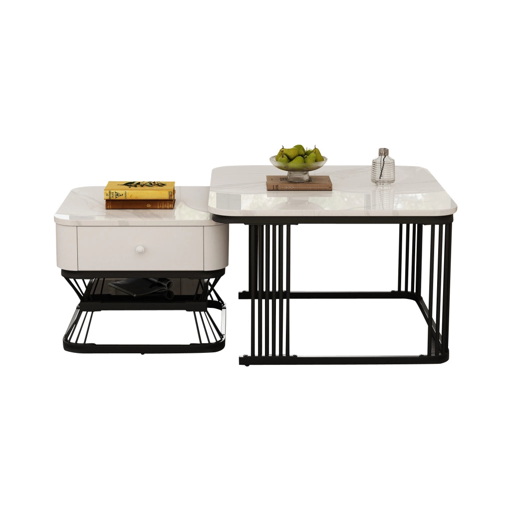 Set di 2 tavolini da salotto quadrati in effetto marmo lucido, bianco e nero, 70x70x45 cm + 50x50x40 cm, con 1 cassetto