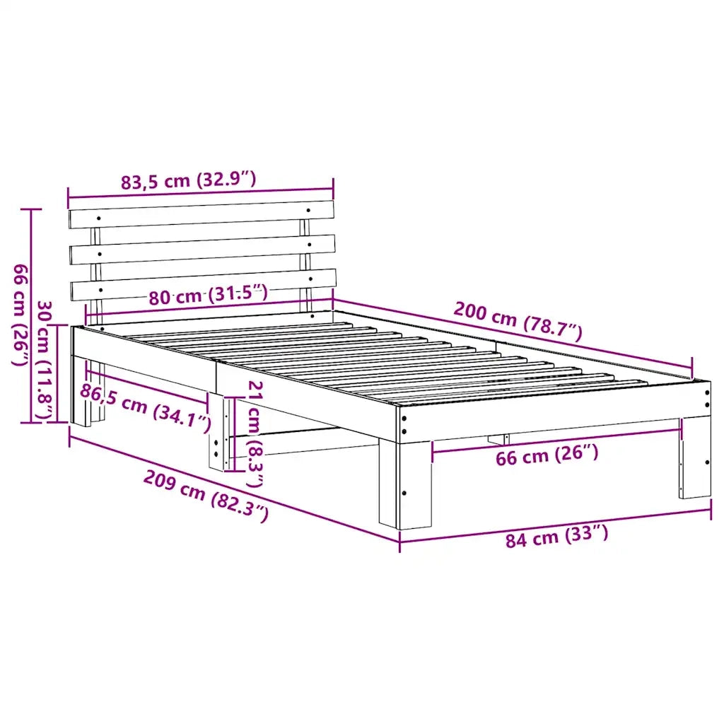 Letto singolo | Letto per adulti | Struttura del letto Naturale 80 x 200 cm Pino massello