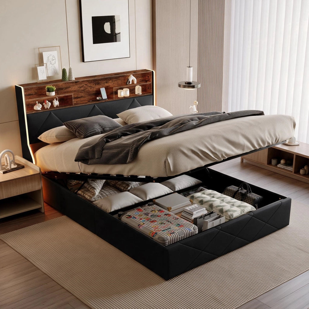 Letto matrimoniale 160x200 cm con contenitore LED USB Type-C testiera rete a doghe struttura letto metallo legno PU - nero