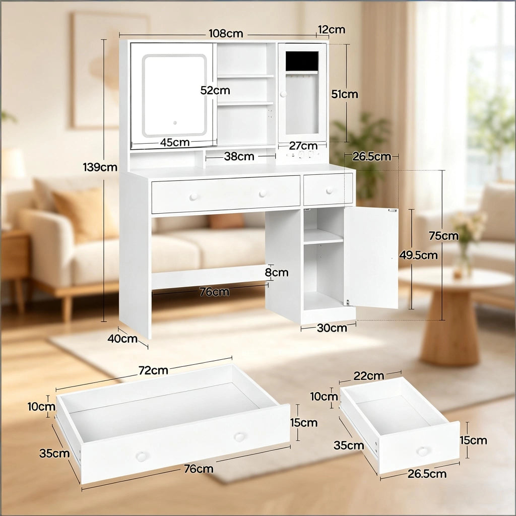 Toeletta con specchio LED; 2 cassetti; armadio e ripiani per camera da letto; 108×40×139 cm