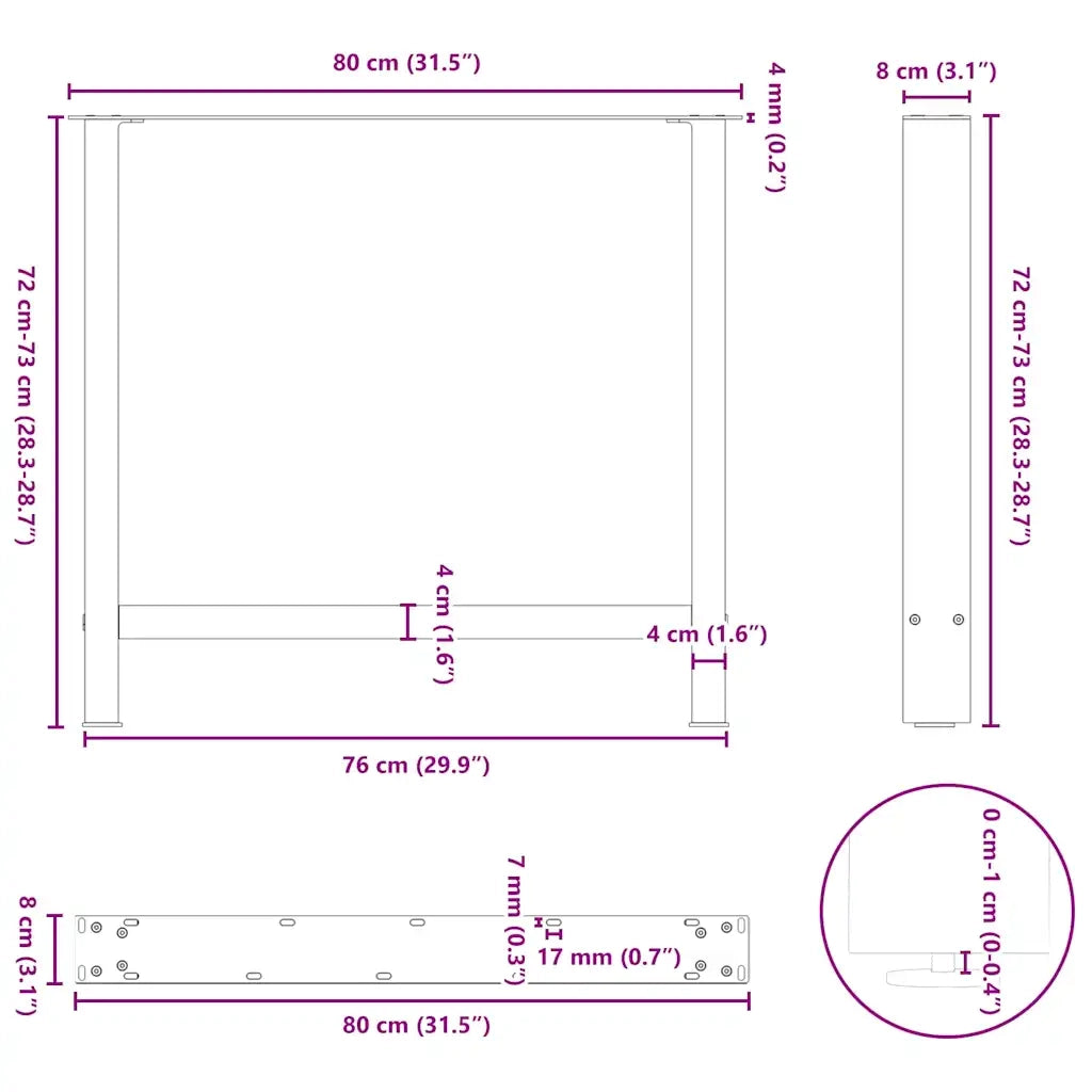 Gambe per tavolo da pranzo nere 2 pz | Piede del tavolo 80x(72-73) cm in acciaio