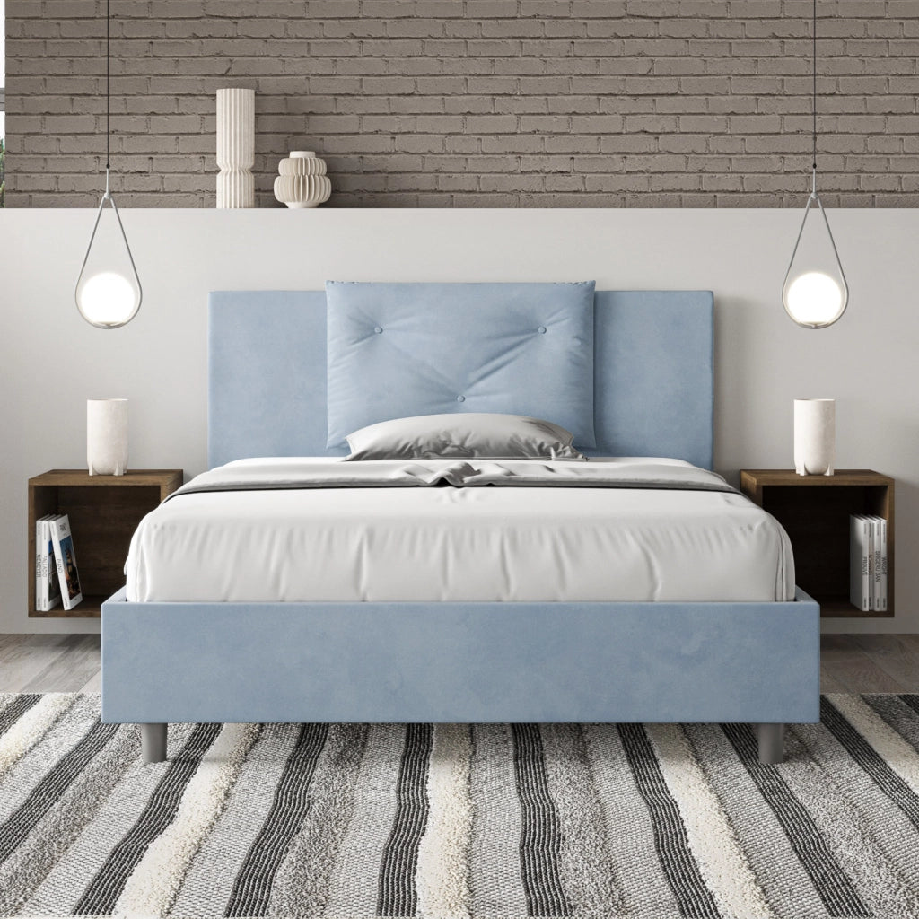 BS COM Letto una piazza e mezza senza rete imbottito 130x200 microfibra azzurro