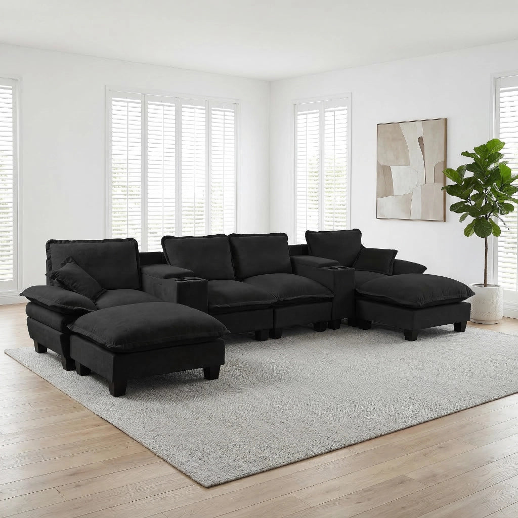 Divano Modulare U con Ottomane, Portabicchieri e USB ¨C Xylo ¨C Chenille Nero