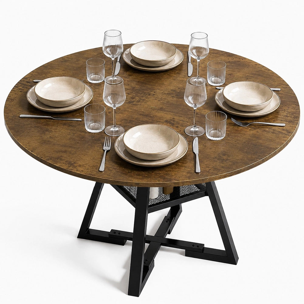 Tavolo per Sala da Pranzo Tondo Industrial con Ripiano Portaoggetti 120x120x76cm