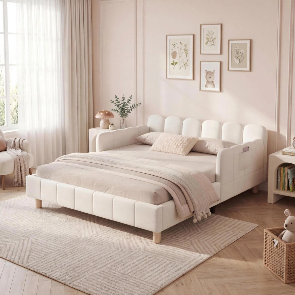 Letto imbottito per bambini in velluto beige con rete a doghe e tasche laterali