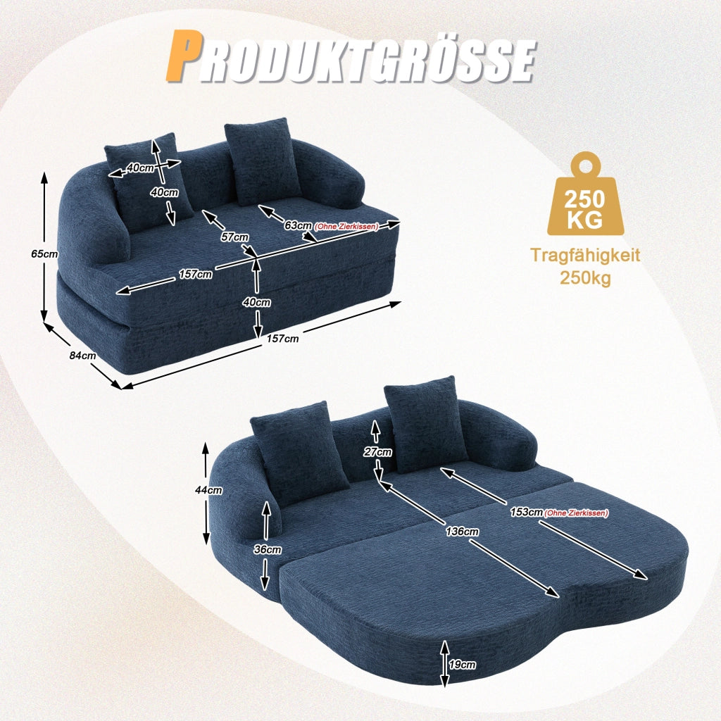 Divano letto 2 posti - convertibile in letto con 2 cuscini - in chenille blu navy