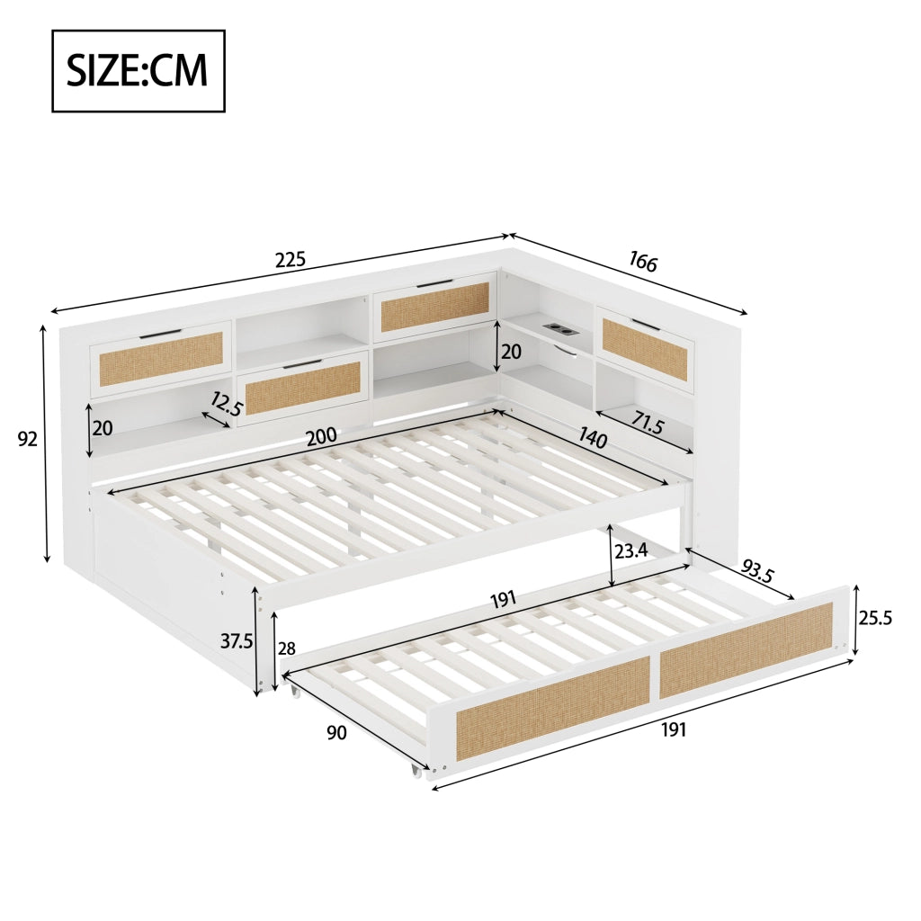 DESMIU Divano Letto 140 × 200 cm con Letto Estraibile 90 × 190 cm, prese USB, senza materasso, in legno, bianco