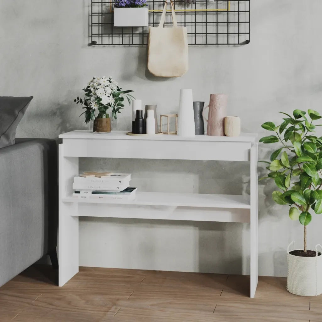 Tavolino Consolle Bianco Lucido 102x30x80 cm Legno Multistrato 808329