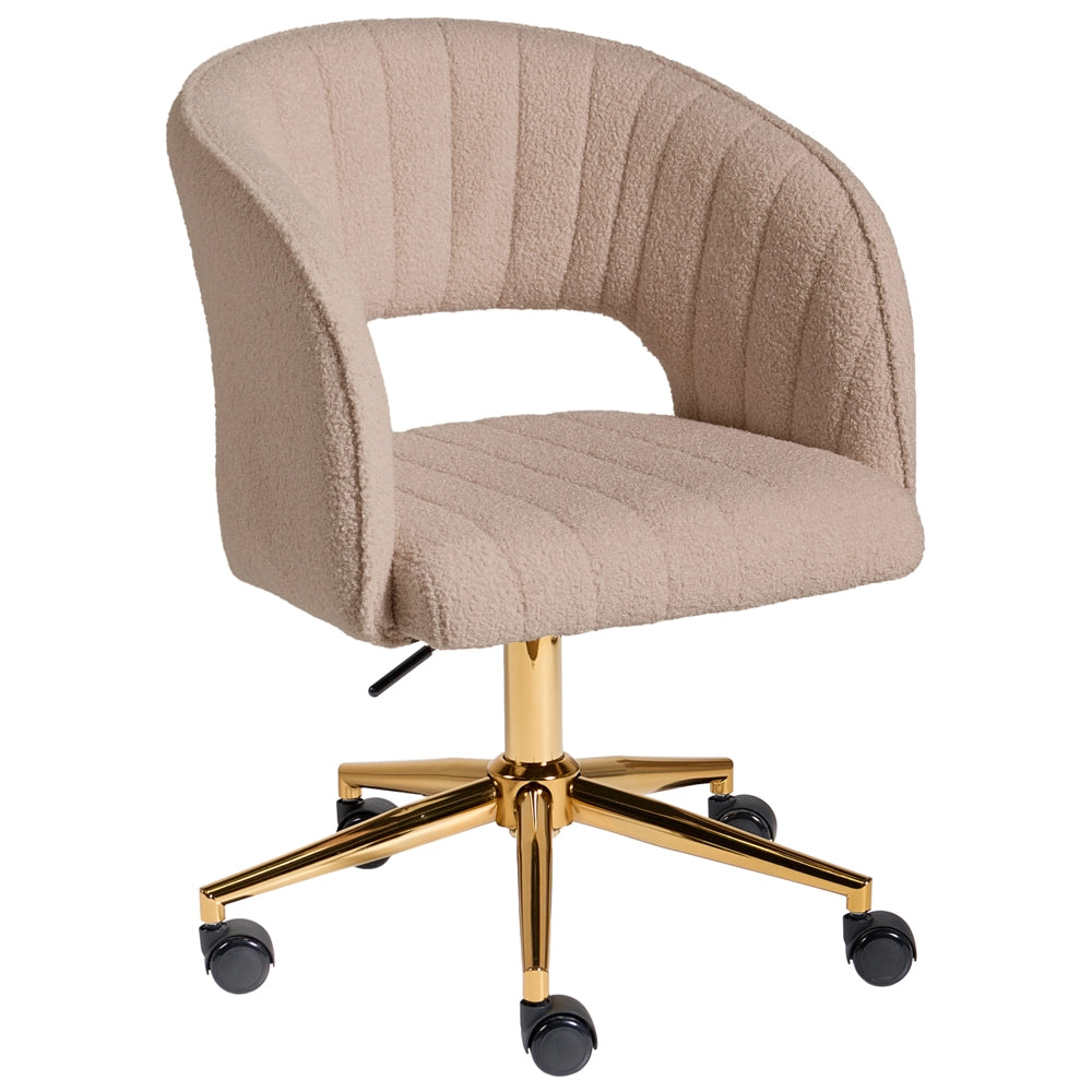Sedia da Ufficio Girevole in Bouclé Beige Regolabile in Altezza con Schienale Capitonné