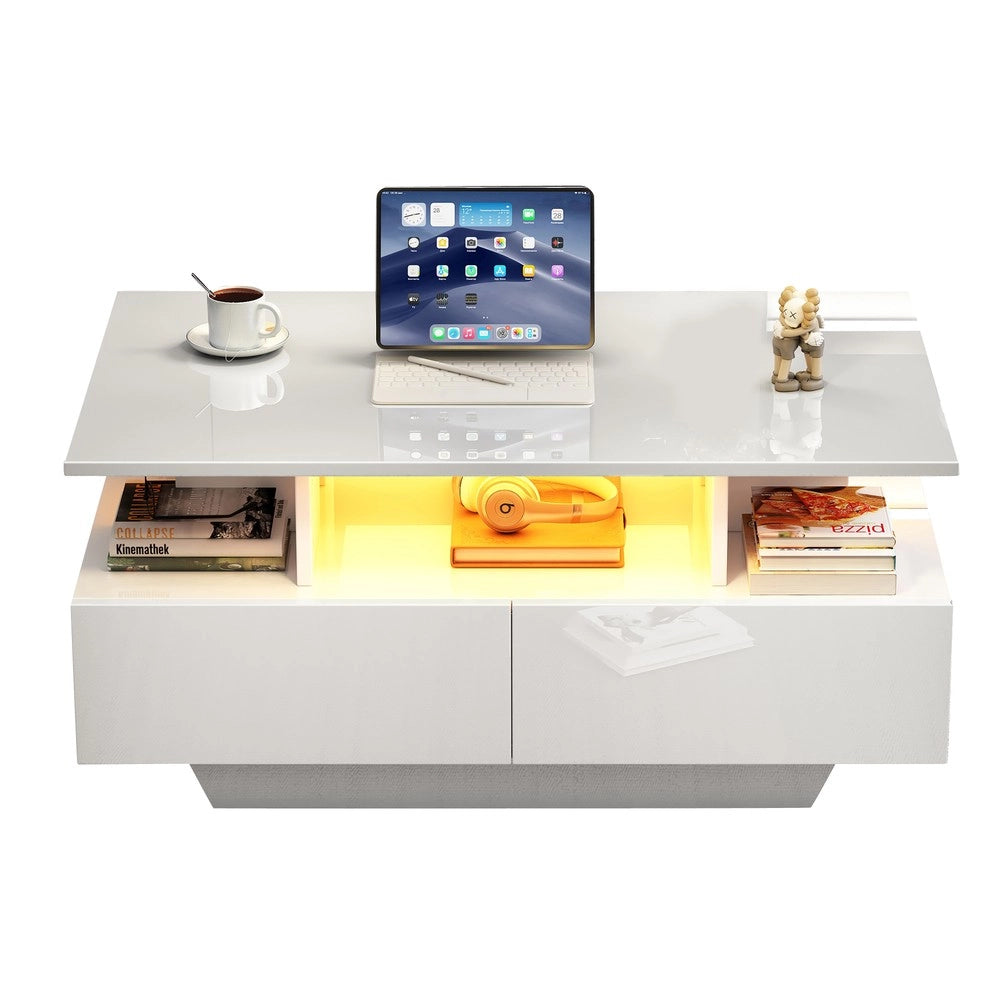 Tavolino da Caff¨¨ con LED e 2 Cassetti ¨C Xylo ¨C Bianco Lucido 90x55x41 cm