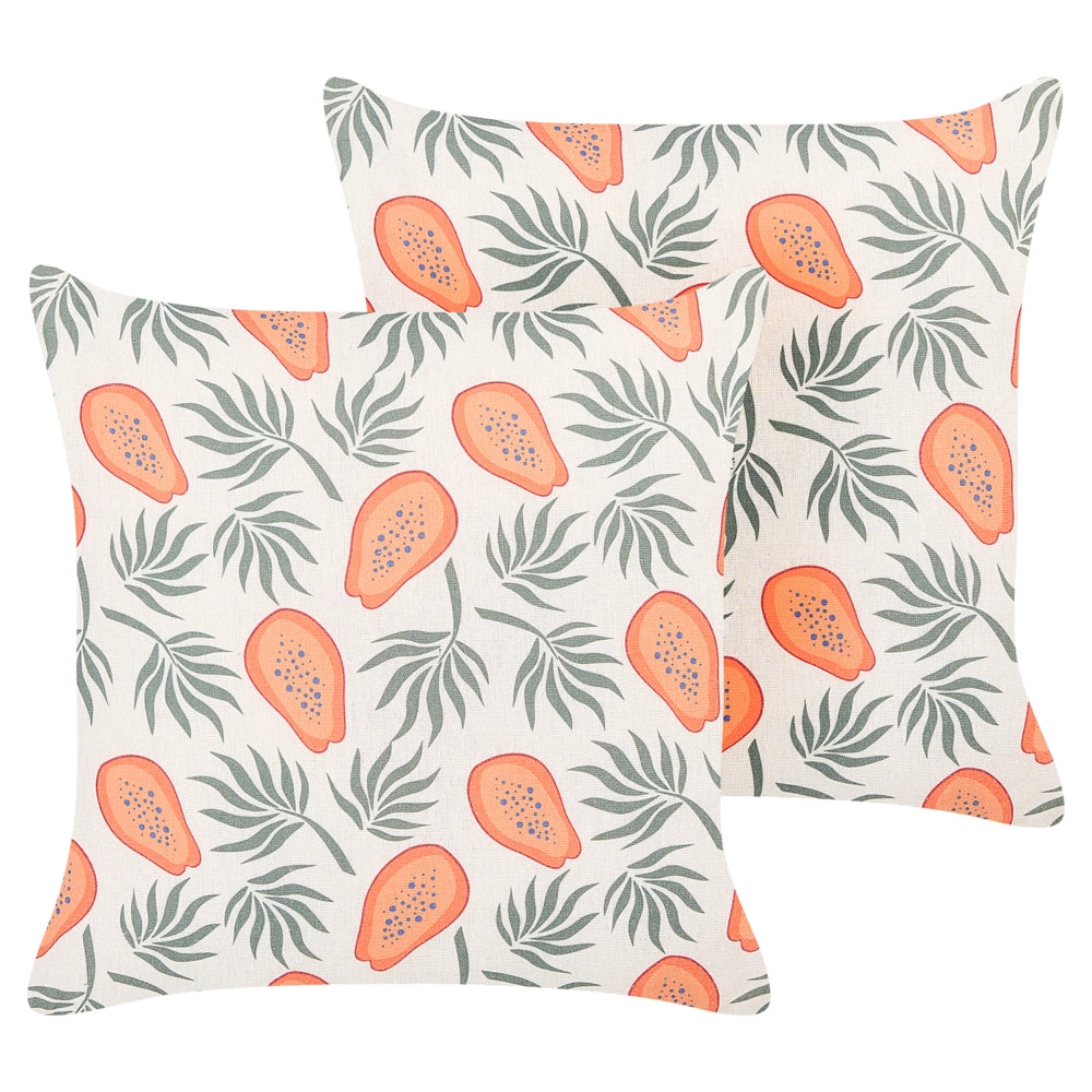 Set di 2 cuscini bianco arancione e verde 45 x 45 cm motivo papaya frutta esotica soggiorno camera da letto