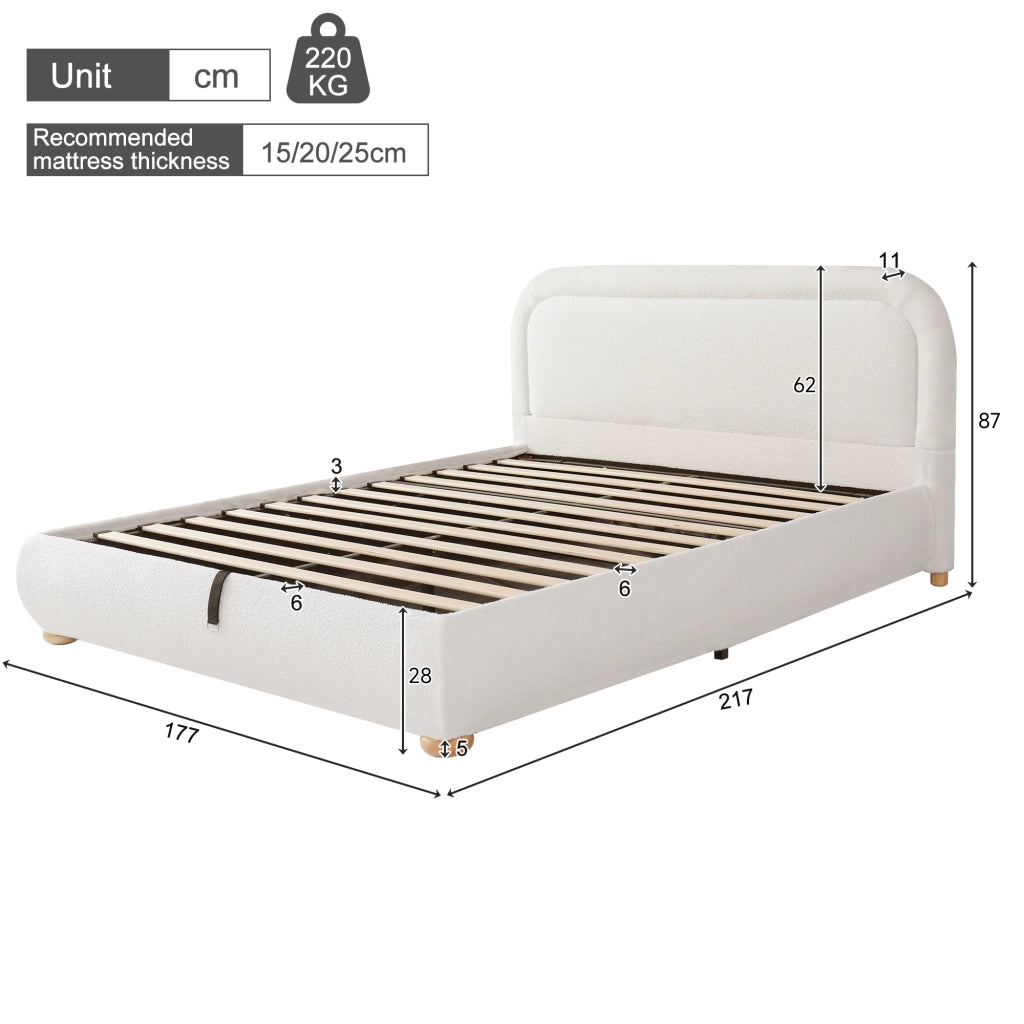 DESMIU Lit coffre 160 × 200 cm 2 posti con contenitore idraulico, senza materasso, in bouclé bianco
