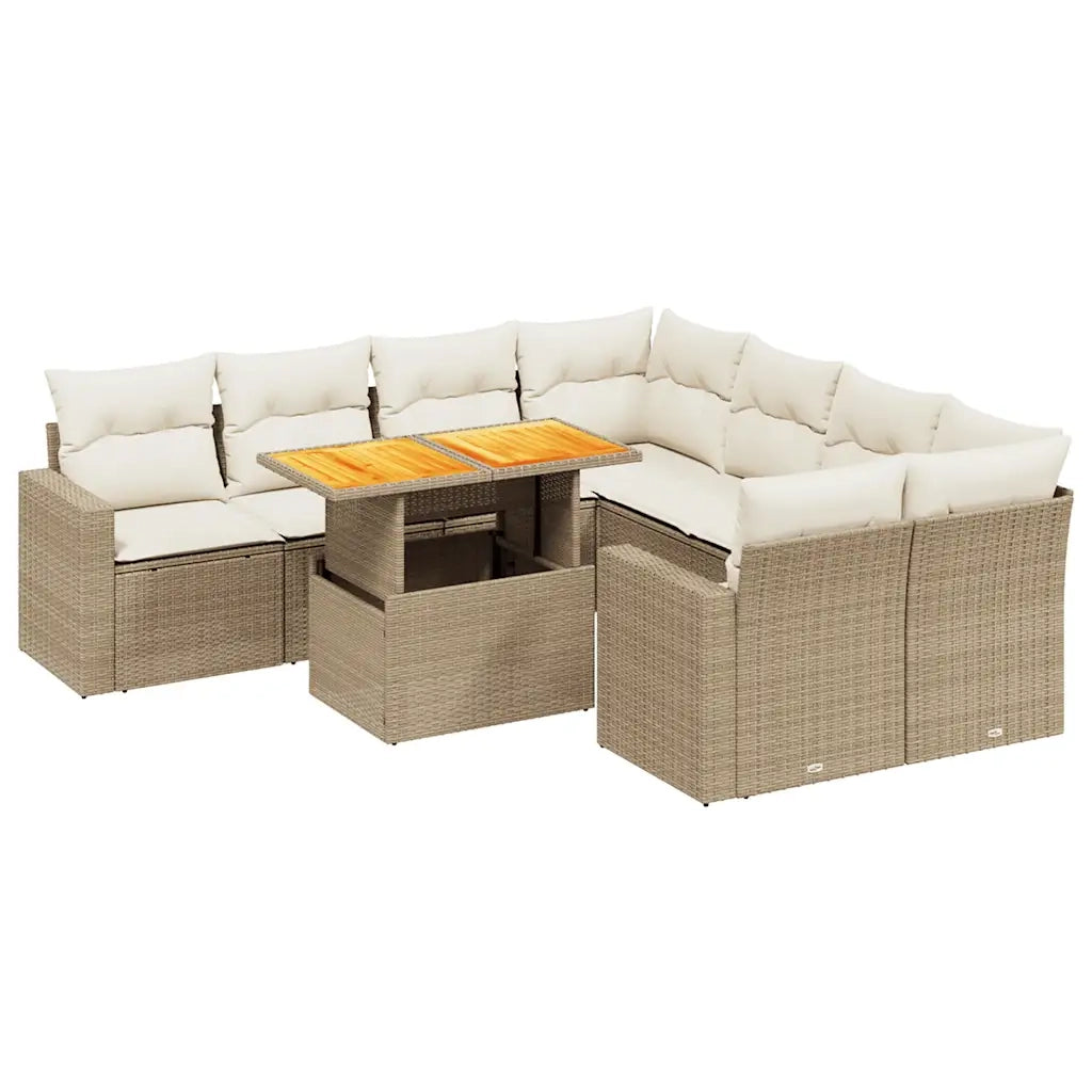 Set Divano da Giardino 9 pz con Cuscini Beige in Polyrattan