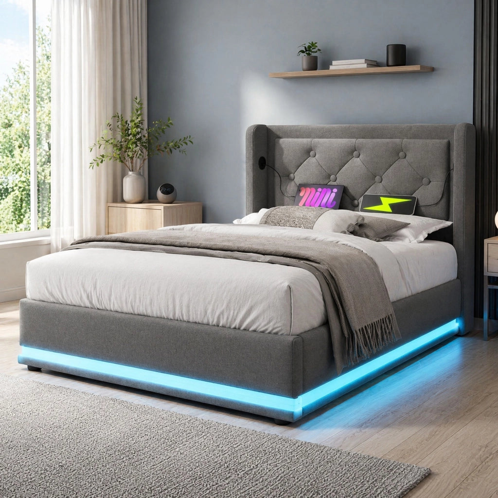 LETTO Contenitore Idraulico 90x200 cm Cotone Grigio con USB e LED