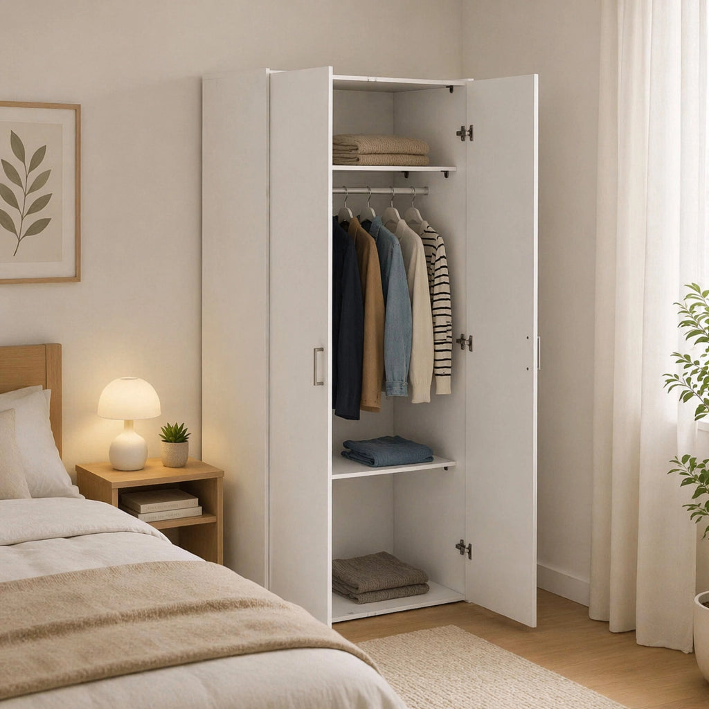 Guardaroba 2 ante Danny, Mobile camera da letto, Cabina armadio portabiti, Armadio appendiabiti, 78x50 h175 cm, Bianco