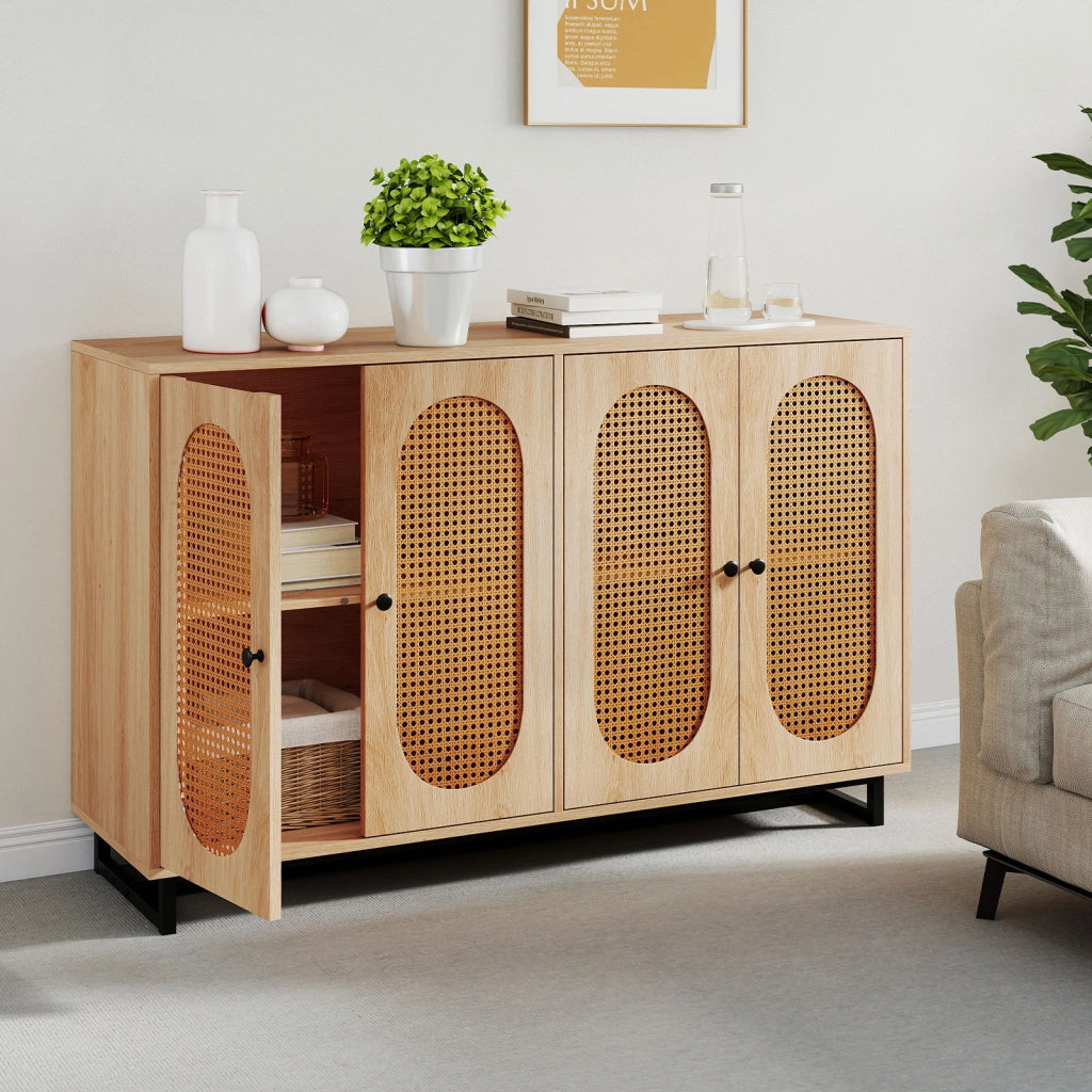Credenza in rattan ripiani e gambe in metallo 126 x 40 x 81 cm, Armadio a buffet per cucina sala da pranzo e soggiorno Naturale