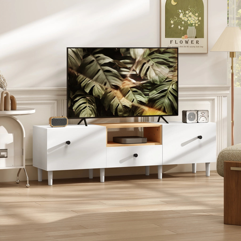Mobile TV con Ante a Ribalta, Cassetto e Scaffale Aperto ¨C Minimal ¨C Bianco e Legno 150x35x45 cm