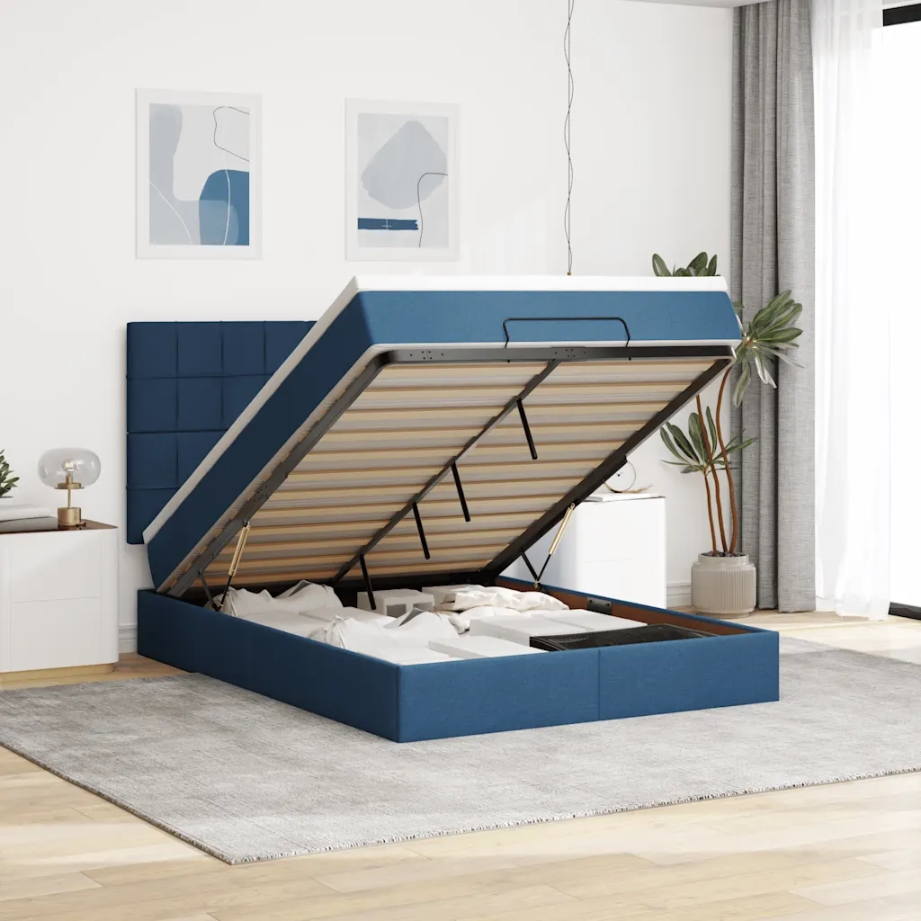 Struttura Letto Pouf con Materasso Blu 140x200cm in Tessuto 3314016