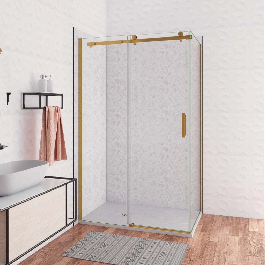 Box Doccia Angolare 130X70 cm H.195 cm Porta Scorrevole con Parete Fissa Vetro 8 mm Temperato Anticalcare Trasparente Telaio Cromo Dorato