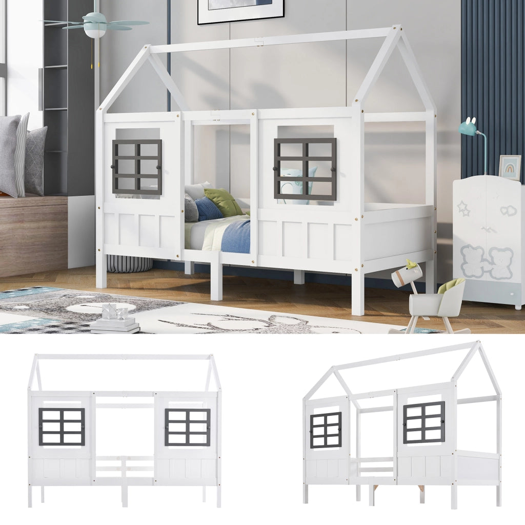 Letto Casetta 200x90 cm; Letto Singolo - 2 Finestre e Sponde - in Legno Massello - Bianco