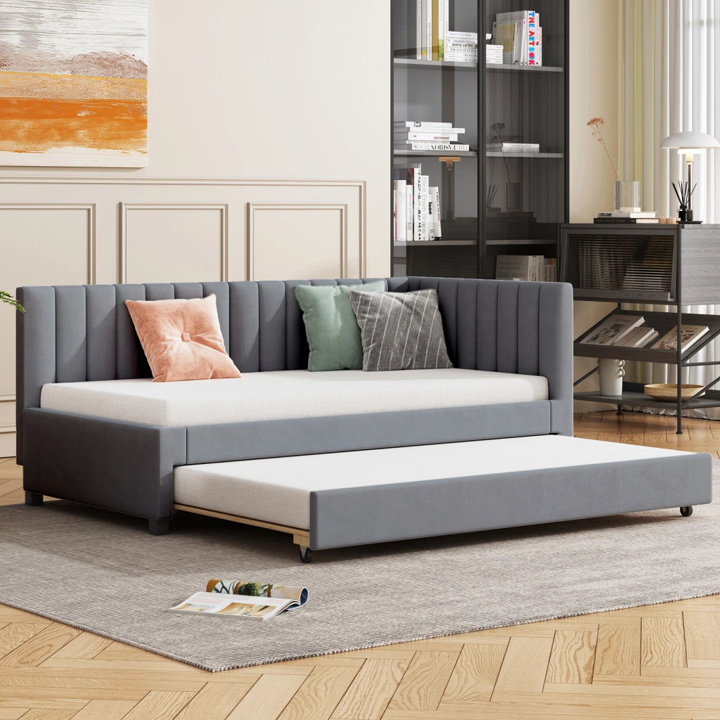 Letto estraibile singolo 90×200 cm con rete e struttura imbottita in velluto; senza materasso; grigio